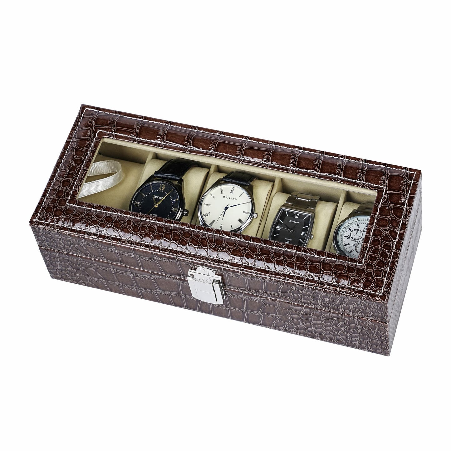 5 slots brown watch storage case crocodile grained pu leather watch box with real glass lid