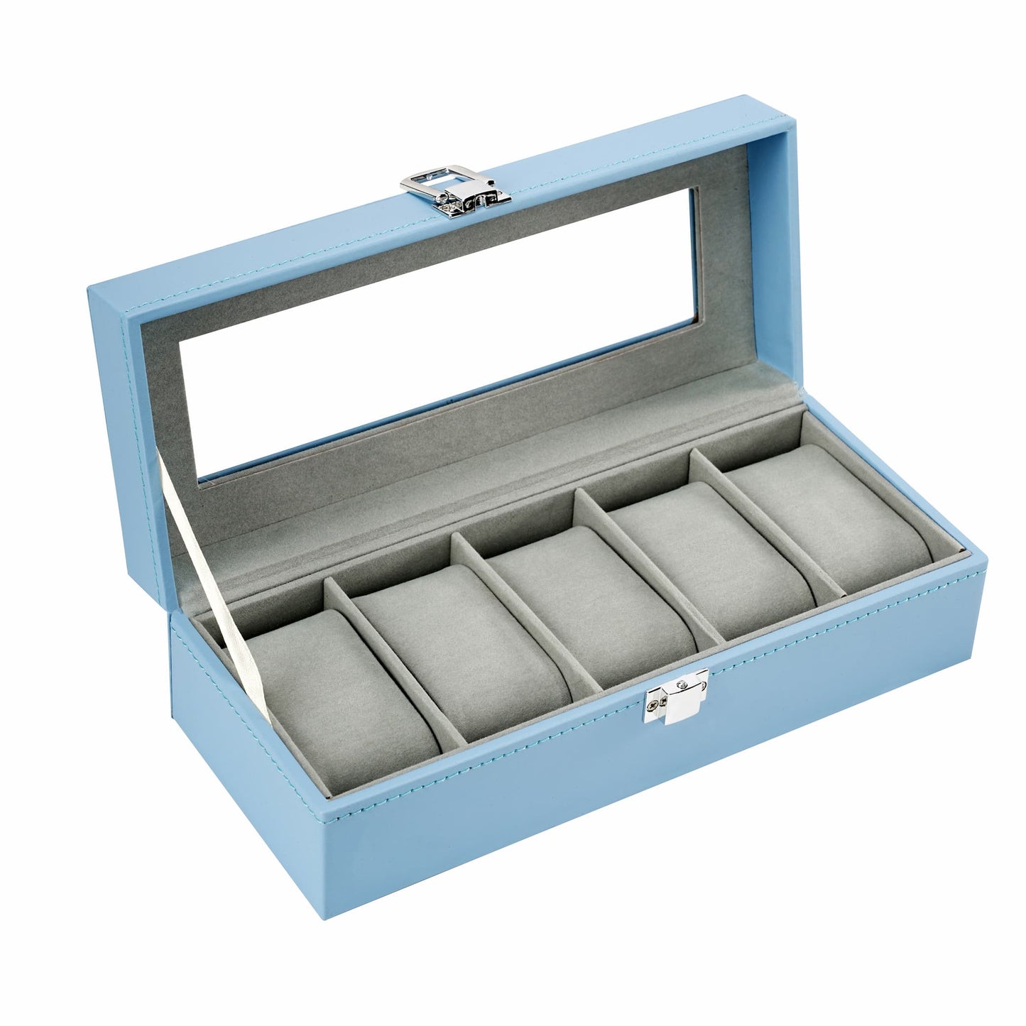 New Arrival 5 Slots Watch Organizer Case Blue PU Leather Watch Display Box with Real Glass Lid