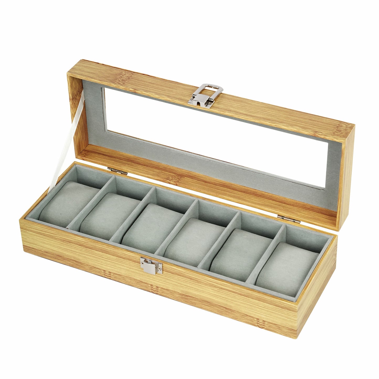 Real glass lid 6 slots bamboo grain watch organizer case luxury watch storage box