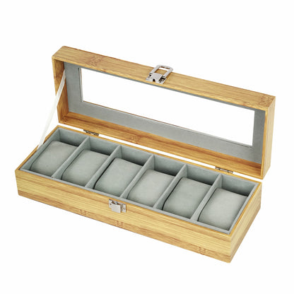 Real glass lid 6 slots bamboo grain watch organizer case luxury watch storage box