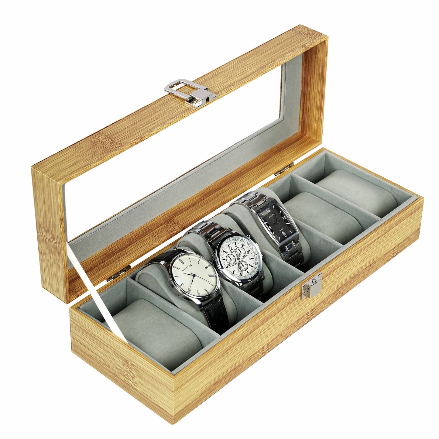 Real glass lid 6 slots bamboo grain watch organizer case luxury watch storage box