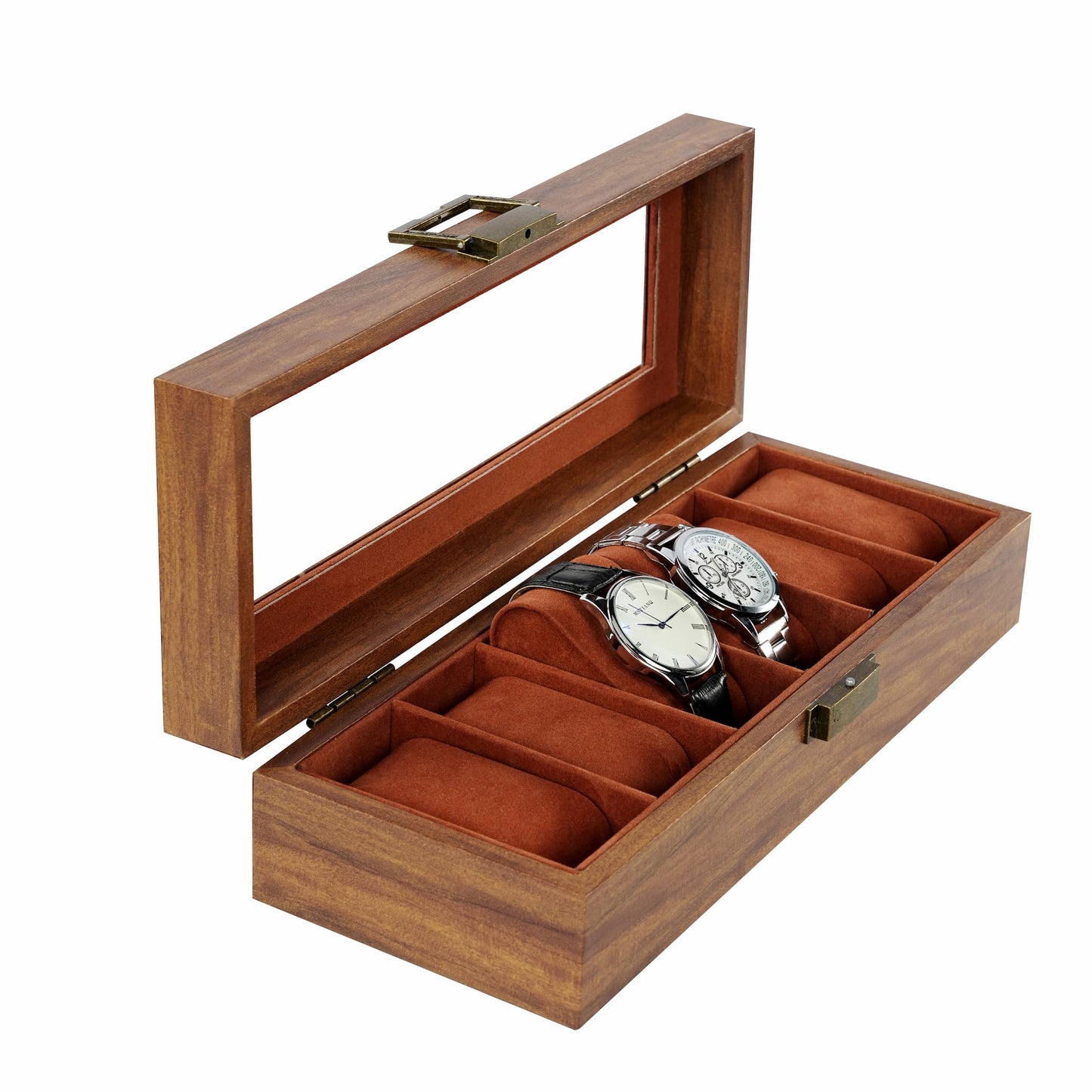 6 Slots Watch Organizer Case Brown Watch Box With Factory Price For Home Decoration
