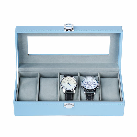 New Arrival 5 Slots Watch Organizer Case Blue PU Leather Watch Display Box with Real Glass Lid