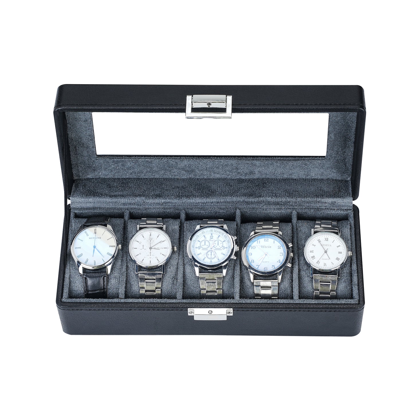 5-Slots Elegant Black Litchi Pattern Watch Gift Box