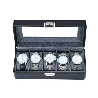 5-Slots Elegant Black Litchi Pattern Watch Gift Box