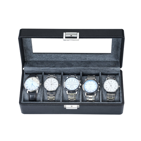 5-Slots Elegant Black Litchi Pattern Watch Gift Box