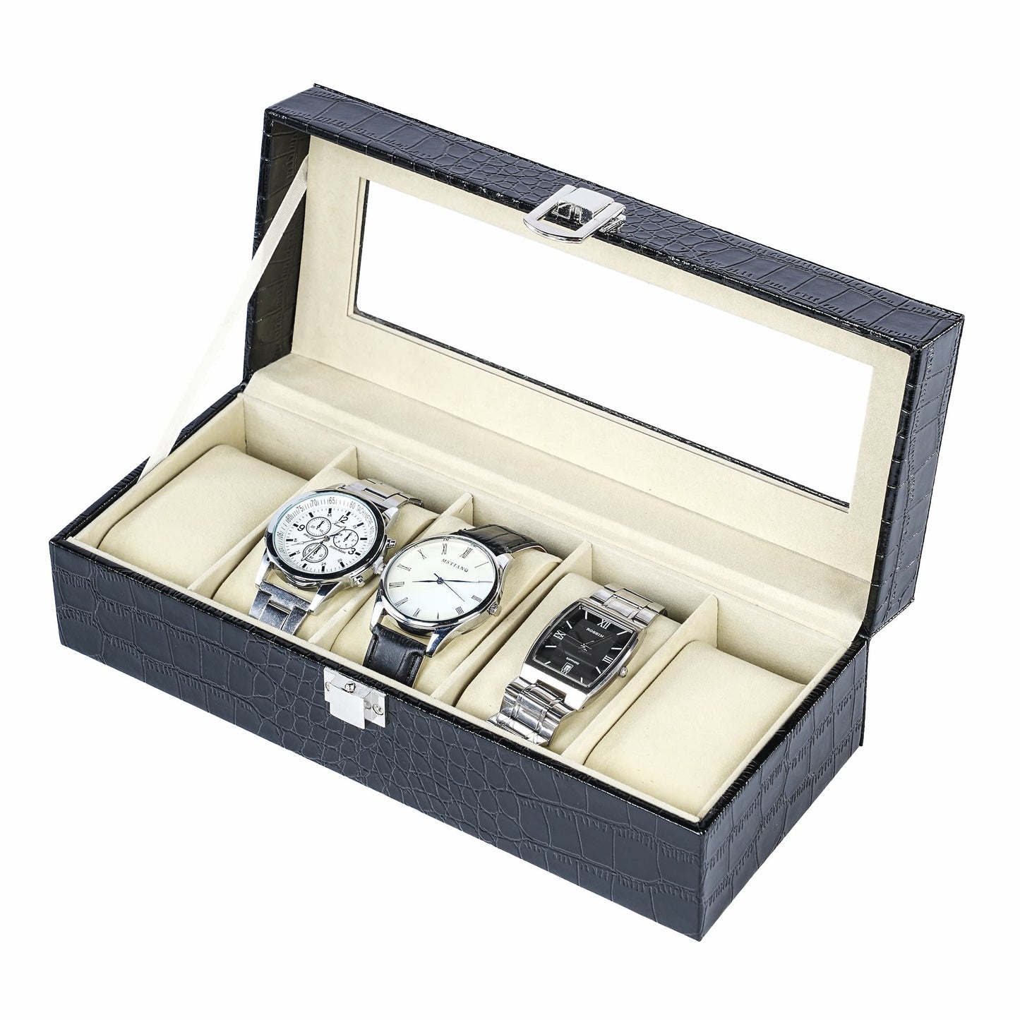 Hot Selling 5 Slots Watch Organizer Box Factory Direct Supply Black Crocodile Grained PU Leather Watch Case