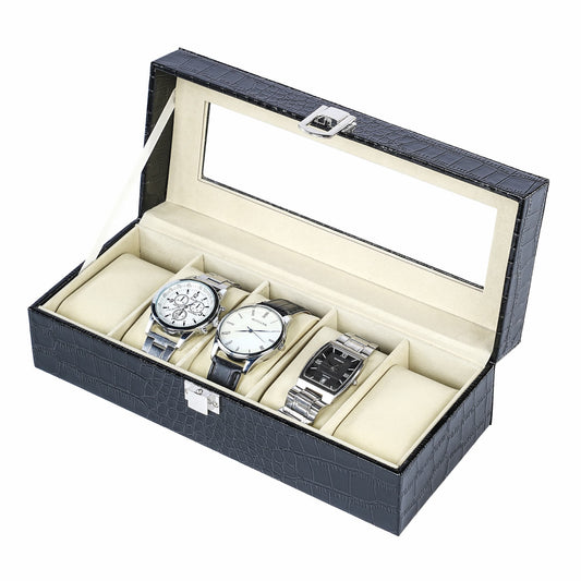 Hot Selling 5 Slots Watch Organizer Box Factory Direct Supply Black Crocodile Grained PU Leather Watch Case