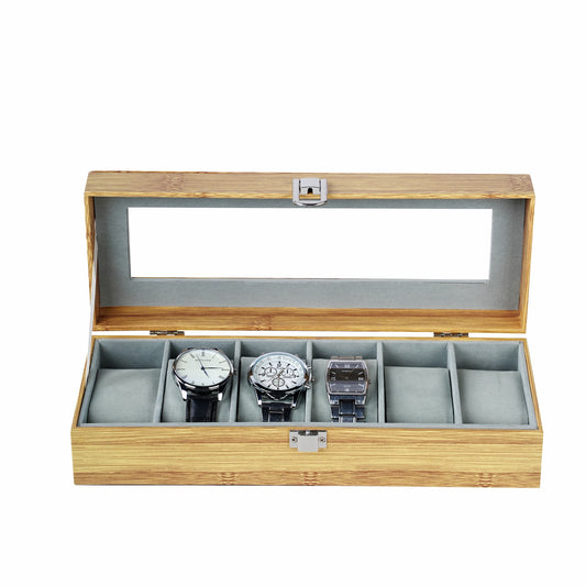 Real glass lid 6 slots bamboo grain watch organizer case luxury watch storage box