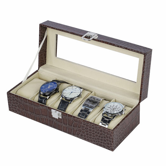 5 slots brown watch storage case crocodile grained pu leather watch box with real glass lid