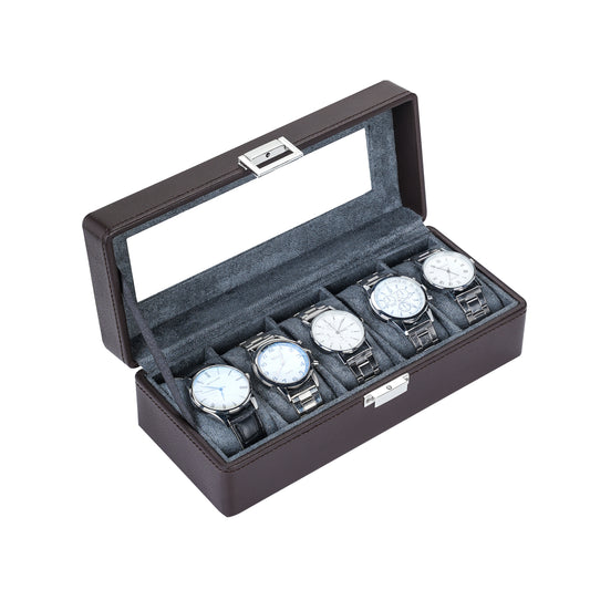 5-Solts Premium Pebbled Leather Watch Box in Deep Brown
