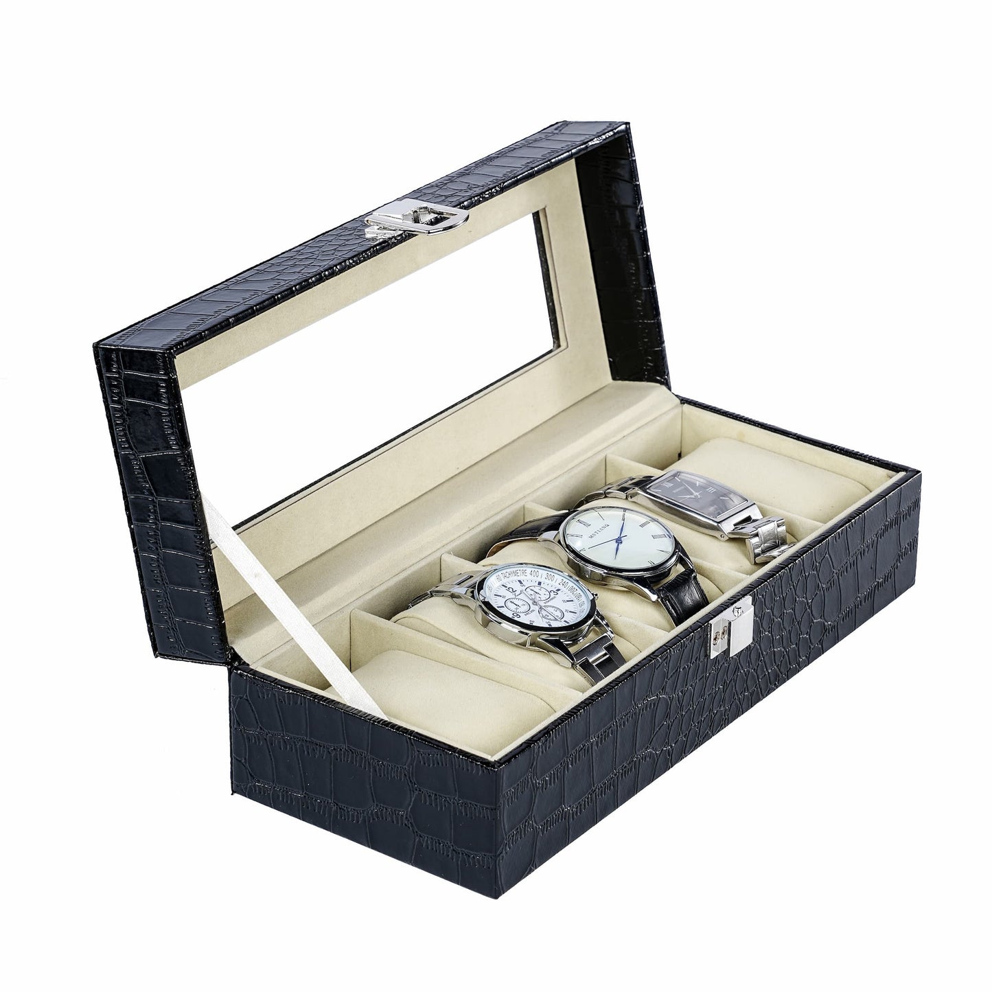 Hot Selling 5 Slots Watch Organizer Box Factory Direct Supply Black Crocodile Grained PU Leather Watch Case