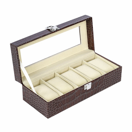 5 slots brown watch storage case crocodile grained pu leather watch box with real glass lid