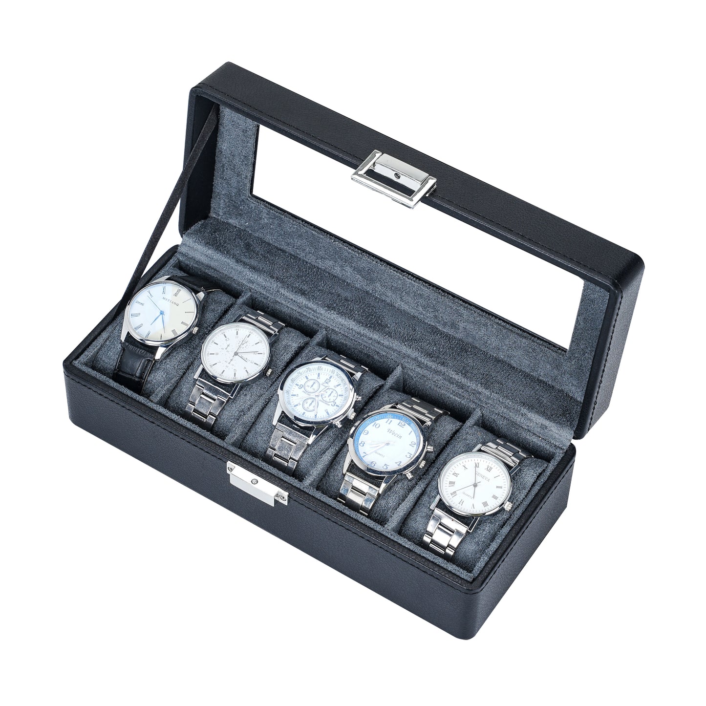 5-Slots Elegant Black Litchi Pattern Watch Gift Box