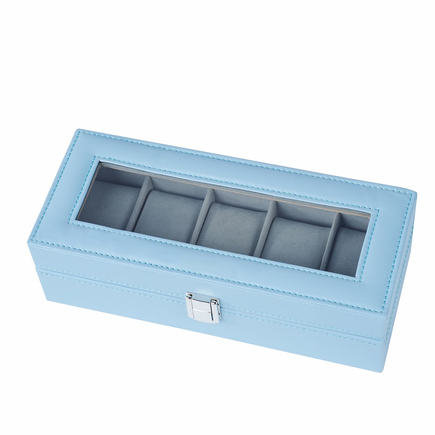 New Arrival 5 Slots Watch Organizer Case Blue PU Leather Watch Display Box with Real Glass Lid