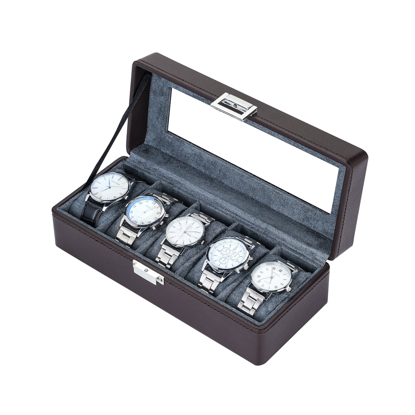 5-Solts Premium Pebbled Leather Watch Box in Deep Brown