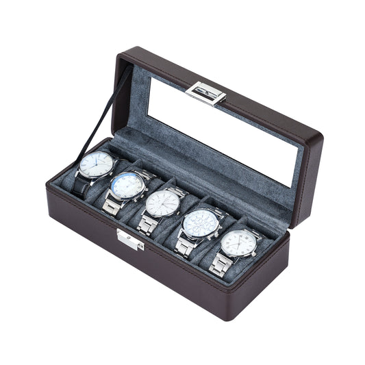 5-Solts Premium Pebbled Leather Watch Box in Deep Brown