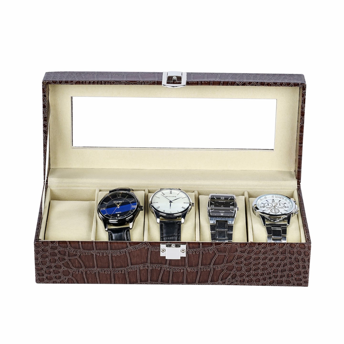 5 slots brown watch storage case crocodile grained pu leather watch box with real glass lid