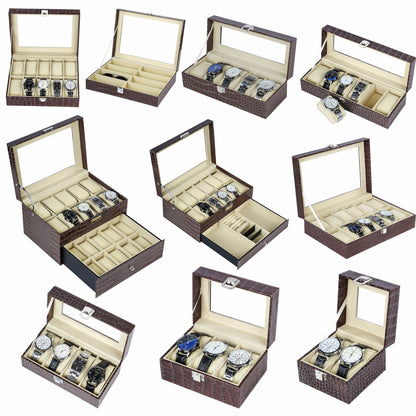 10 slots watch storage case brown crocodile grained pu leather watch box factory with real glass lid