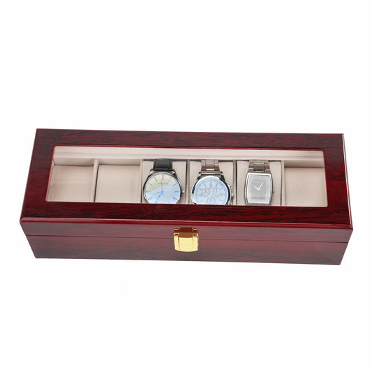 6 Slots Spray Paint Red Watch Display Box With Real Glass Lid High-end Wooden Watch Storage Case