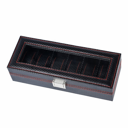 6 Slots High Quality Black Carbon Fiber Leather Wrist Watch Organizer Display Storage Box With Red Sewing