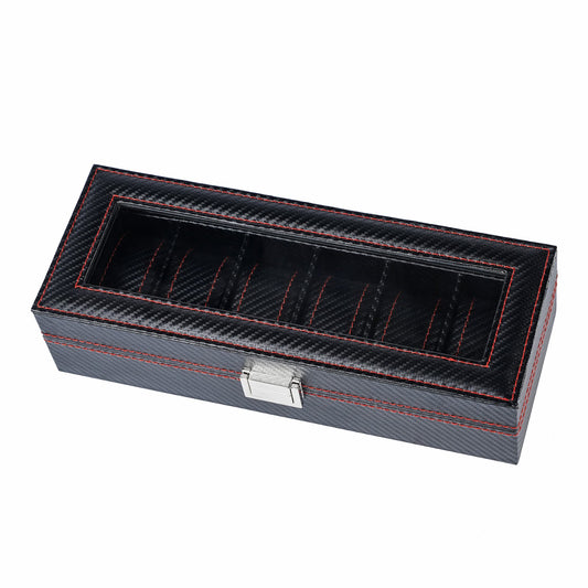 6 Slots High Quality Black Carbon Fiber Leather Wrist Watch Organizer Display Storage Box With Red Sewing