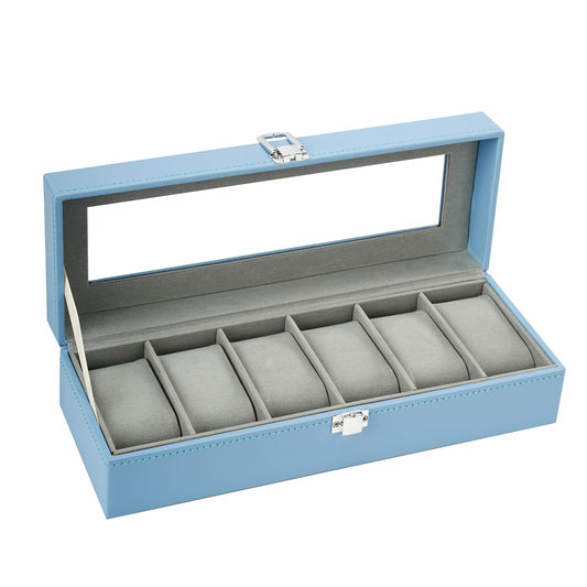 6-slot Watch storage case blue faux leather watch display box with velvet lining for home decoration