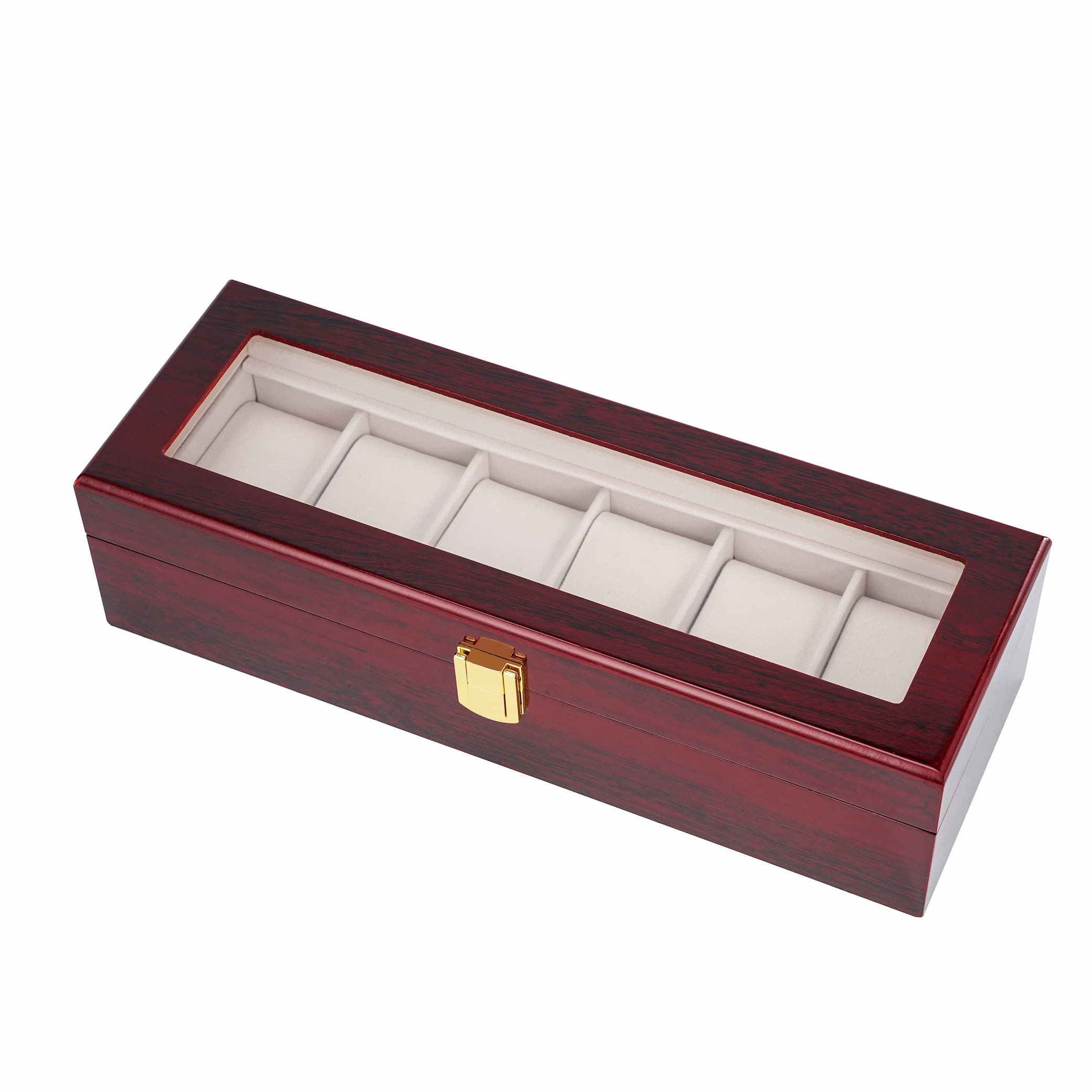 6 Slots Spray Paint Red Watch Display Box With Real Glass Lid High-end Wooden Watch Storage Case