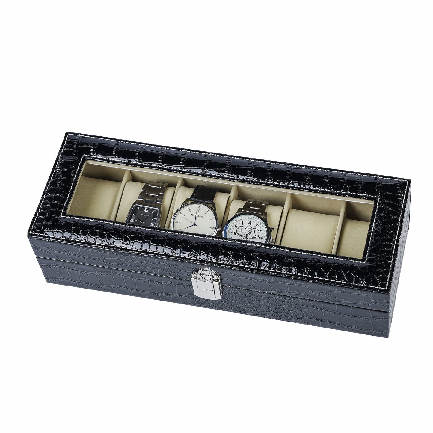 6 Slots Watch Storage Case Black Crocodile Grained PU Leather Watch Organizer Box With Real Glass Lid