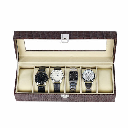 6 slots watch storage case brown pu leather watch box with real glass lid