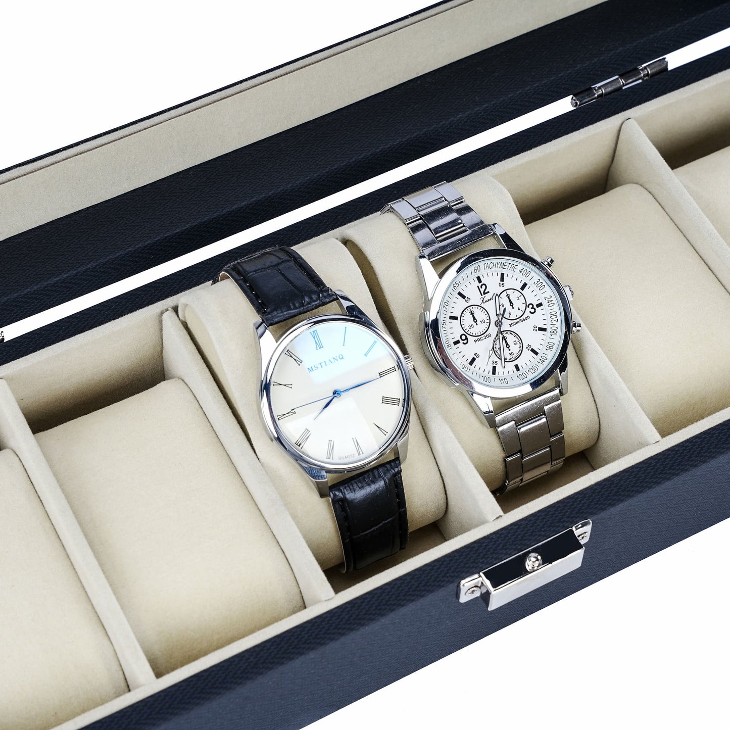 Watch Box Manufacturer 6 Slots Watch Organizer Black Herringbone Leather Watch Case With Real Glass Lid