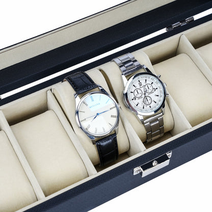 Watch Box Manufacturer 6 Slots Watch Organizer Black Herringbone Leather Watch Case With Real Glass Lid