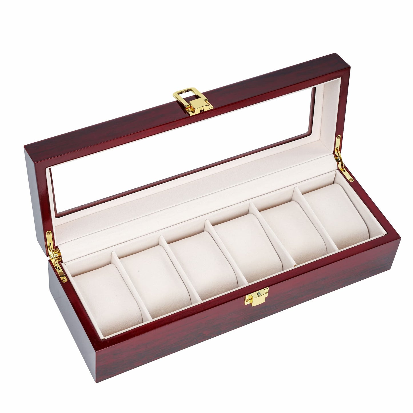 6 Slots Spray Paint Red Watch Display Box With Real Glass Lid High-end Wooden Watch Storage Case