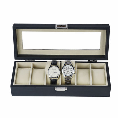 Watch Box Manufacturer 6 Slots Watch Organizer Black Herringbone Leather Watch Case With Real Glass Lid