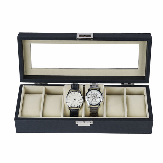 Watch Box Manufacturer 6 Slots Watch Organizer Black Herringbone Leather Watch Case With Real Glass Lid