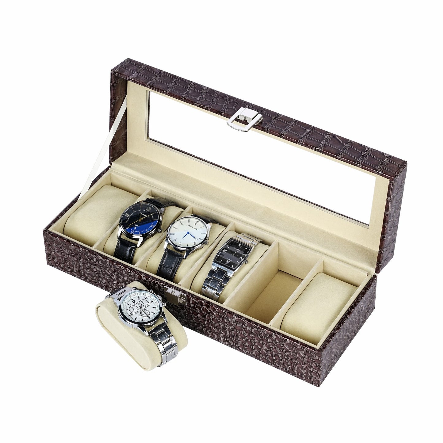 6 slots watch storage case brown pu leather watch box with real glass lid