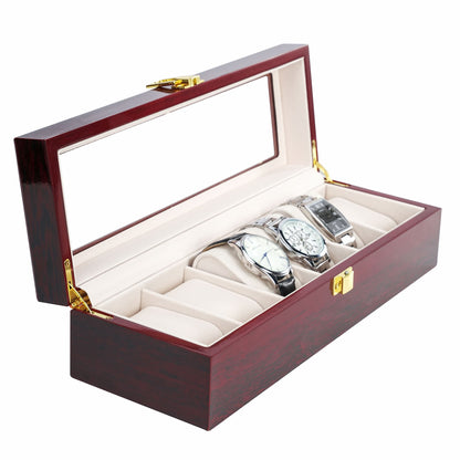 6 Slots Spray Paint Red Watch Display Box With Real Glass Lid High-end Wooden Watch Storage Case