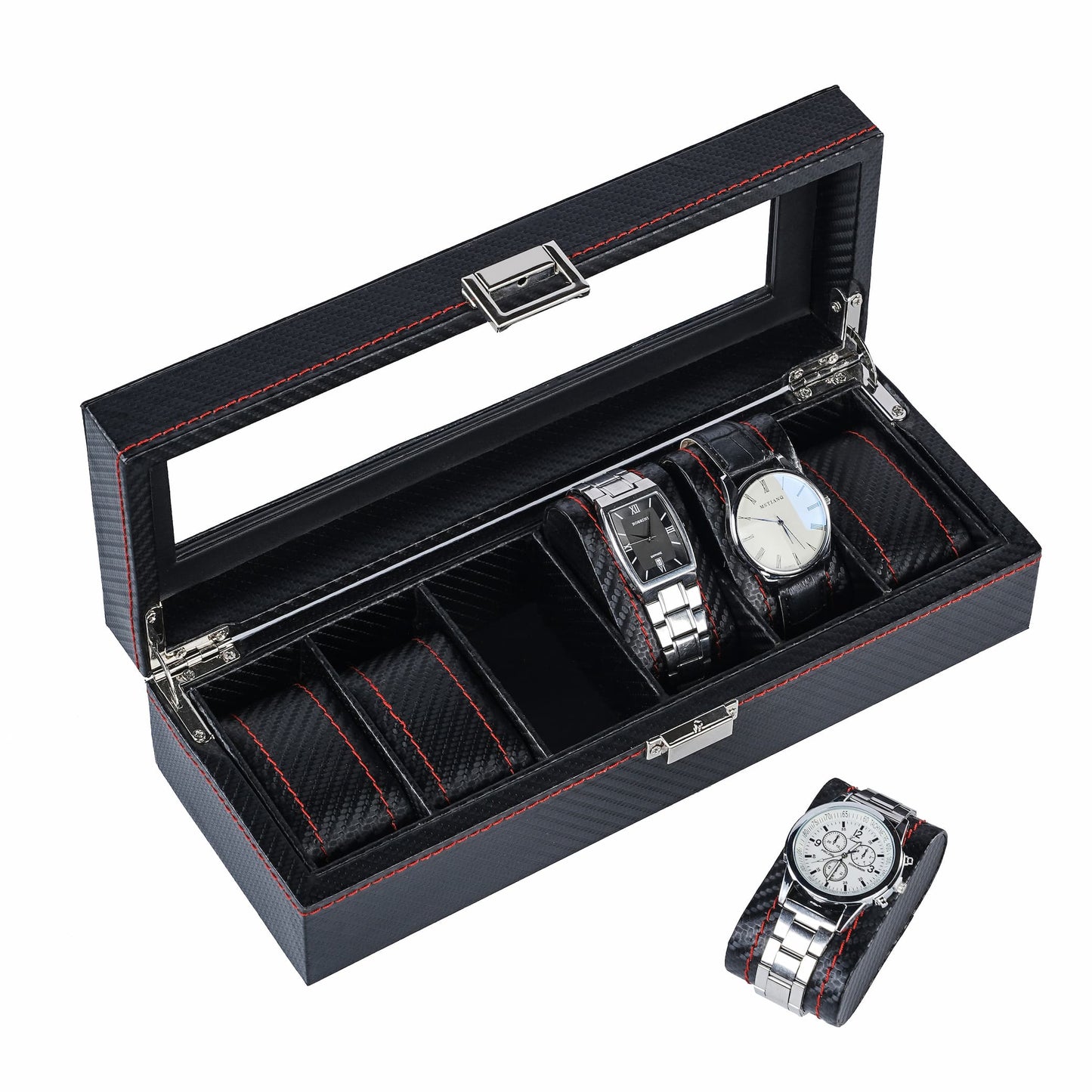6 Slots High Quality Black Carbon Fiber Leather Wrist Watch Organizer Display Storage Box With Red Sewing