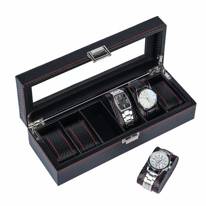 6 Slots High Quality Black Carbon Fiber Leather Wrist Watch Organizer Display Storage Box With Red Sewing
