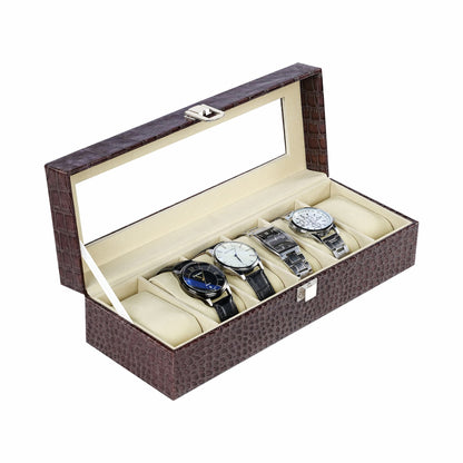 6 slots watch storage case brown pu leather watch box with real glass lid