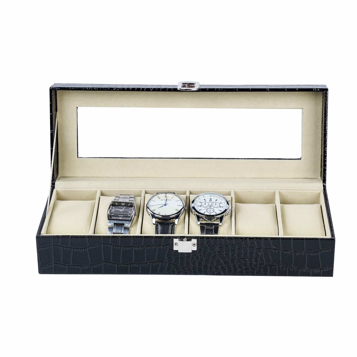 6 Slots Watch Storage Case Black Crocodile Grained PU Leather Watch Organizer Box With Real Glass Lid
