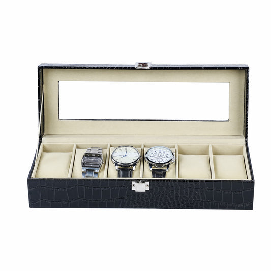 6 Slots Watch Storage Case Black Crocodile Grained PU Leather Watch Organizer Box With Real Glass Lid