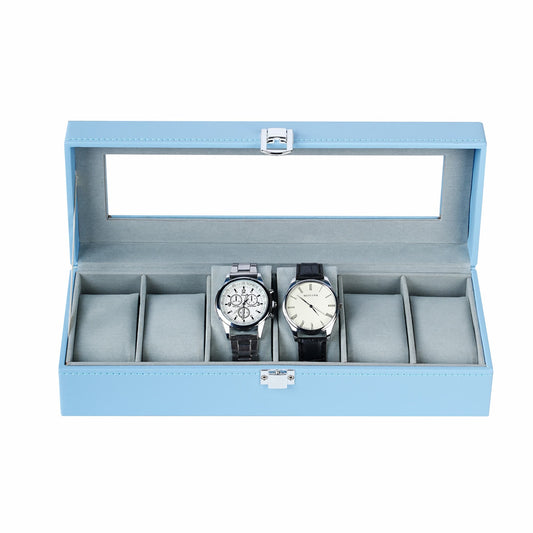 6-slot Watch storage case blue faux leather watch display box with velvet lining for home decoration
