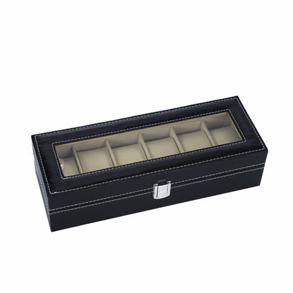 6-slot PU leather watch storage box, watch organizer case with large clear glass lid