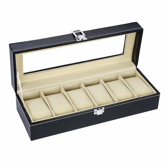 6-slot PU leather watch storage box, watch organizer case with large clear glass lid