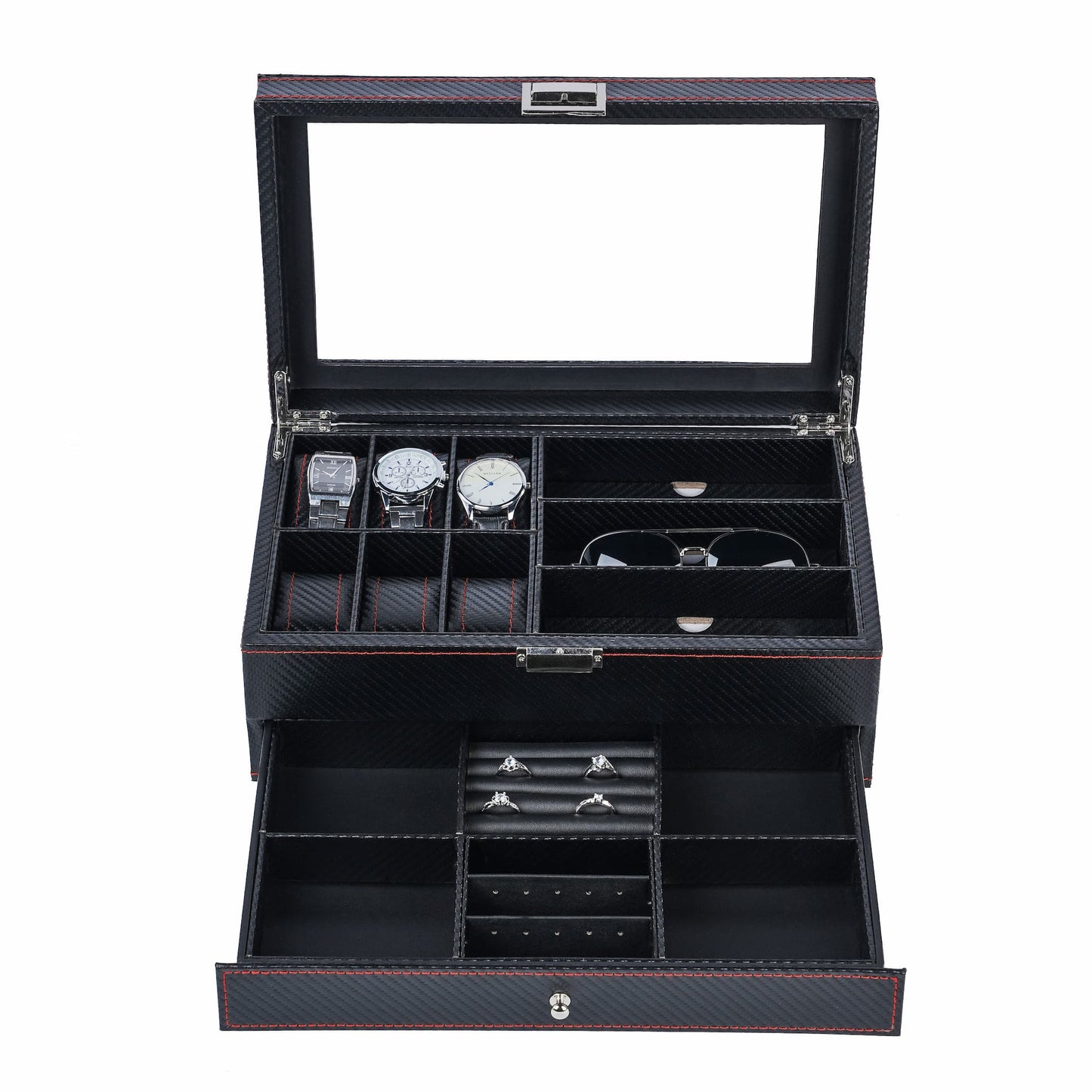 6+3 slots Carbon Fiber Double Layer Jewelry Storage Box Watch Display Case