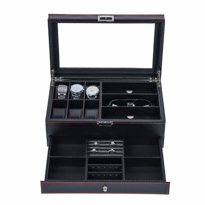 6+3 slots Carbon Fiber Double Layer Jewelry Storage Box Watch Display Case
