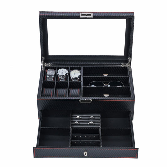 6+3 slots Carbon Fiber Double Layer Jewelry Storage Box Watch Display Case