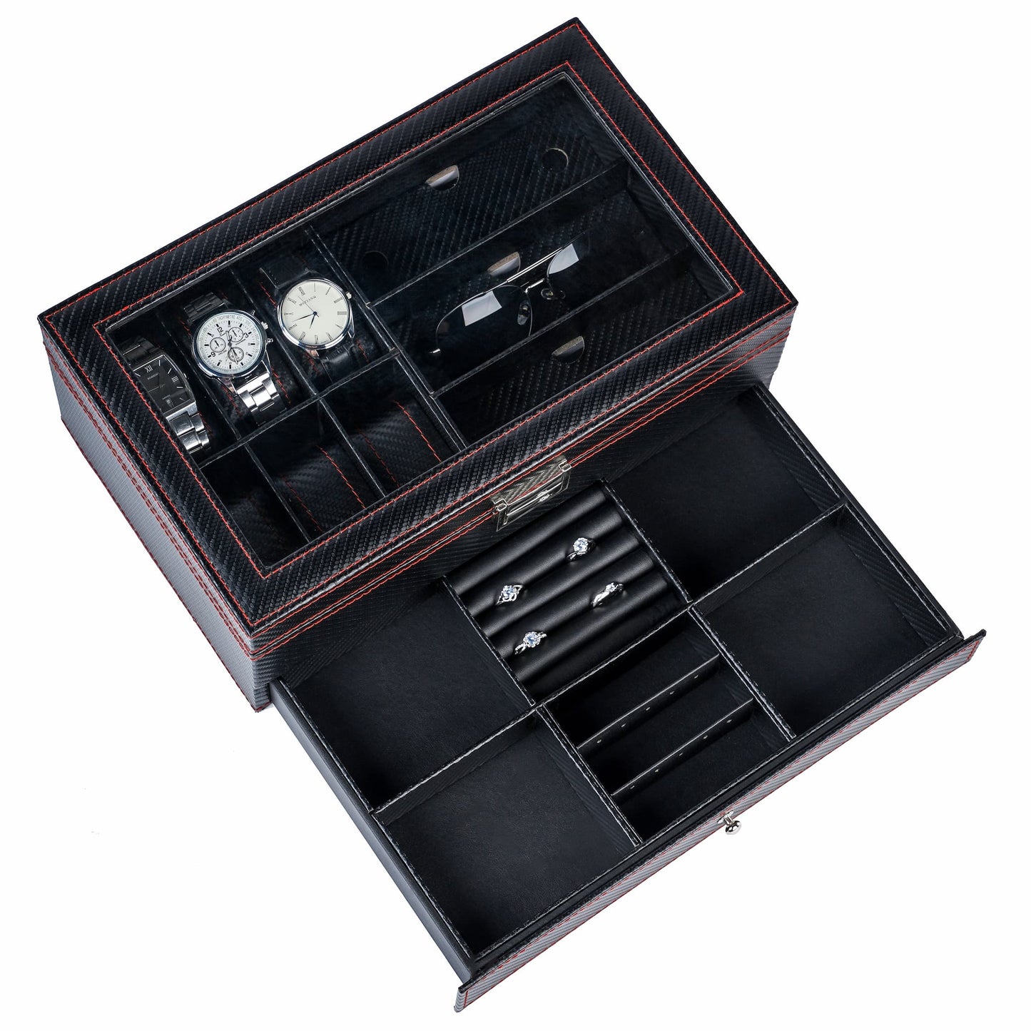 6+3 slots Carbon Fiber Double Layer Jewelry Storage Box Watch Display Case