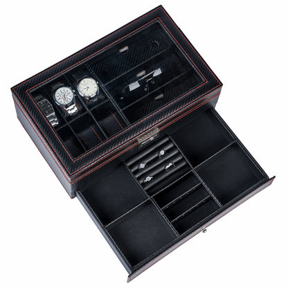 6+3 slots Carbon Fiber Double Layer Jewelry Storage Box Watch Display Case